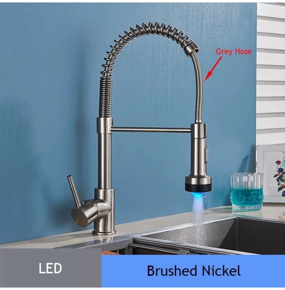 Matte Black LED Kitchen Sink Faucet Spring Hot and Cold Water Tap Pull Down 2 Models Gold Kitchen Crane