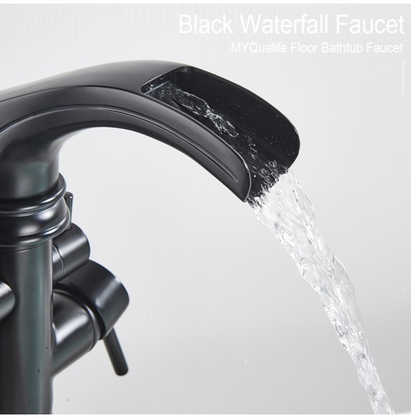 MYQualife Matte Black Floorstanding Bathtub Faucet Set Dual Handle Floor Mounted Bath Tub Mixers Swive Spout Tub Faucet