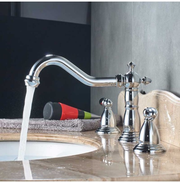 Dual Handle Basin Faucet Widespread Brass Basin Sink Mixer Tap Antique Brass 3 Holes Bath Sink Hot Cold Water Tap