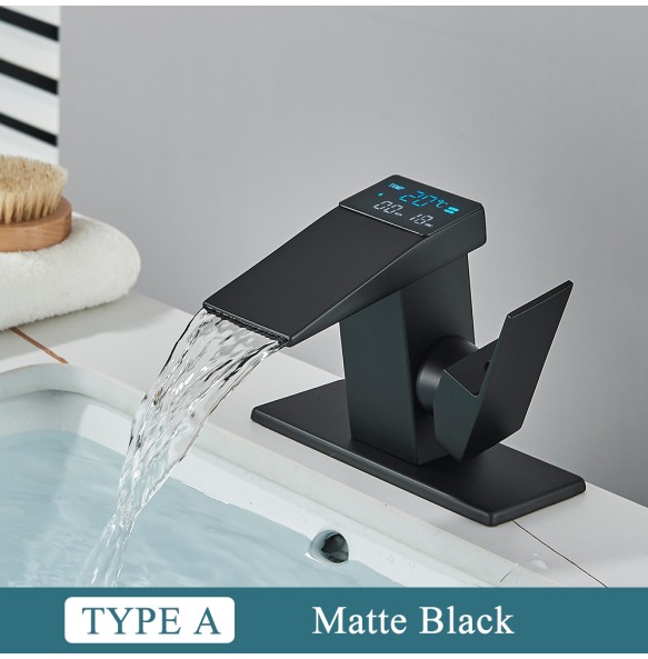 Black Temperature Display Bathroom Faucet Waterfall Brass Basin Taps Water Flow Power Hot Cold Mixer With Cover Plate