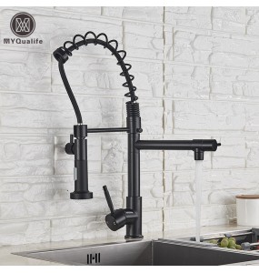 Matte Black Finish Dual Spout Kitchen Sink Faucet Deck Mount Spring Kitchen Mixer Tap Kitchen Hot and Cold Water tap