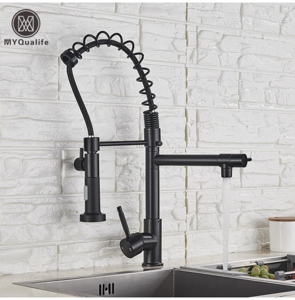 Matte Black Finish Dual Spout Kitchen Sink Faucet Deck Mount Spring Kitchen Mixer Tap Kitchen Hot and Cold Water tap