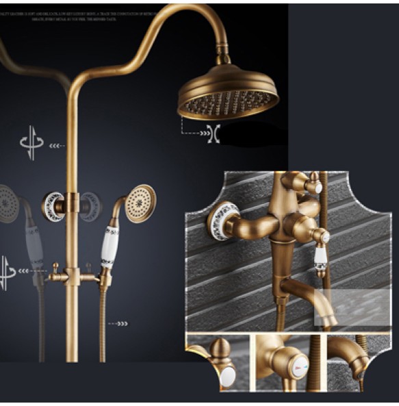 Antique Brass Shower Mixer Faucet Set One Handle with Storage Holder Shower Faucet Taps Swivel Tub Spout 8