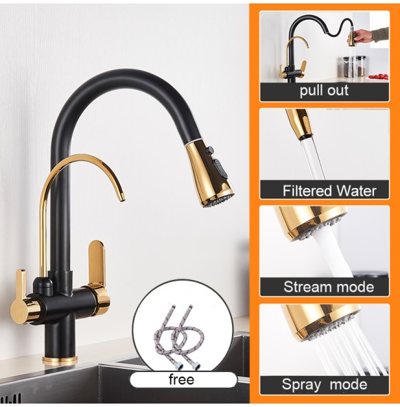 Matte Black Pure Water Kitchen Faucet Dual Handle Hot and Cold Drinking Water Pull Out  Kitchen Mixer Taps