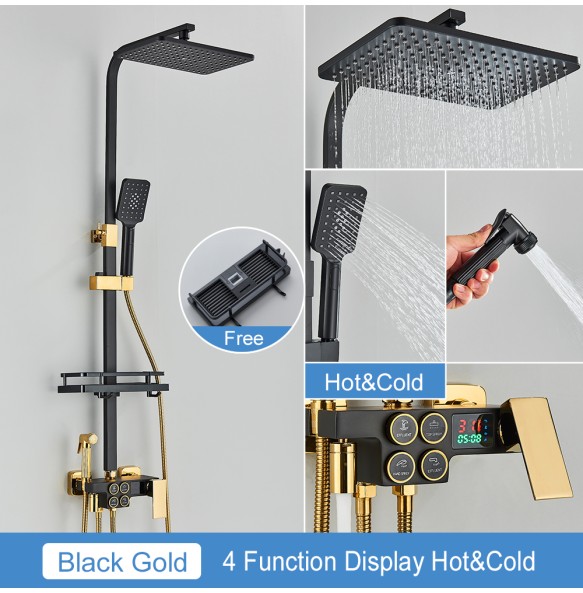 Black Thermostatic LCD Shower Faucet Set Temperature Display Rainfall Bathtub Tap With Bathroom Shelf Electricity By Water