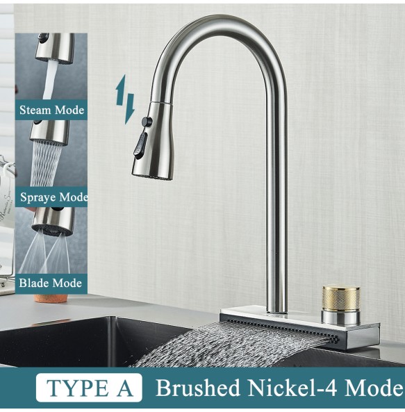 Black Kitchen Faucet With Rainfall Waterfall Wash 4 Function Brass Single Hole Pull Out Mixer Hot Cold Water Taps Deck Mounted