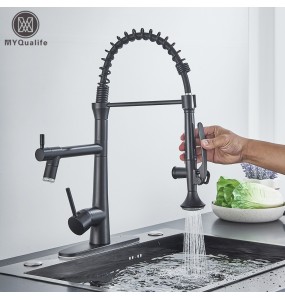 Black Brass Pull Down LED Kitchen Faucet 360 Rotate Hot Cold Mixer Dual Spout Deck Mounted Sink Taps With Strong Flush Crane