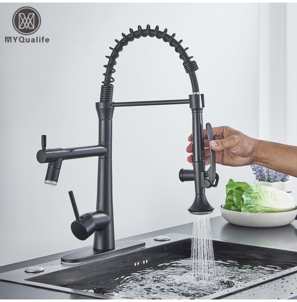 Black Brass Pull Down LED Kitchen Faucet 360 Rotate Hot Cold Mixer Dual Spout Deck Mounted Sink Taps With Strong Flush Crane