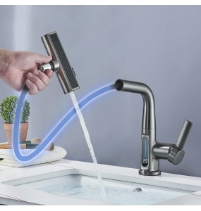 2024 NewWaterfall Temperature Digital Display Basin Faucet Lift Up Down Stream Sprayer Hot Cold Water Sink Mixer Wash Tap For Bathroom