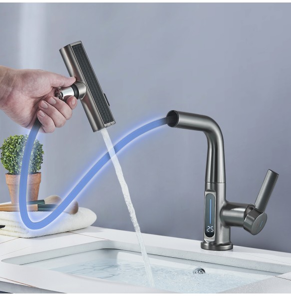 2024 NewWaterfall Temperature Digital Display Basin Faucet Lift Up Down Stream Sprayer Hot Cold Water Sink Mixer Wash Tap For Bathroom