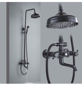 Black Bronze Shower Faucet Set Dual Handle Shower Mixer Wall Mount Rainfall Shower System 8