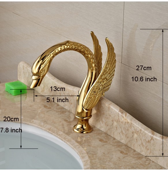 Swan Shape Dual Handle Golden Washing Basin Faucet Widespread Deck Mounted Bathroom Basin Mixer Tap with Hot and Cold Water