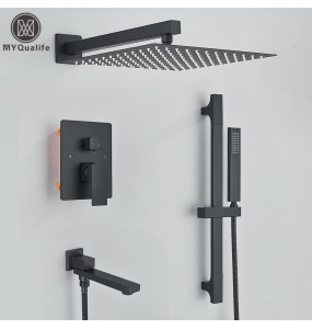 Matte Black Bathroom Rainfall Shower Faucet Set  With Lifting Rod Rotate Bottom Spout Hot And Cold Water Mixer Tap Embedded Box