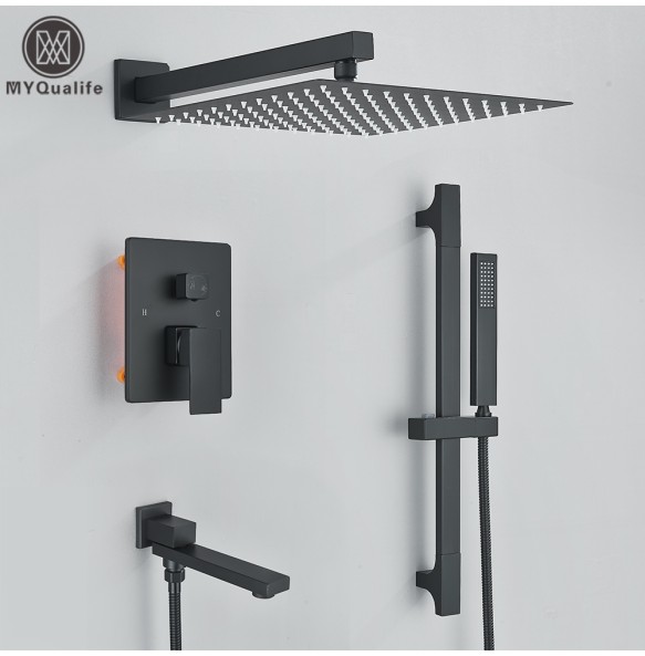 Matte Black Bathroom Rainfall Shower Faucet Set  With Lifting Rod Rotate Bottom Spout Hot And Cold Water Mixer Tap Embedded Box