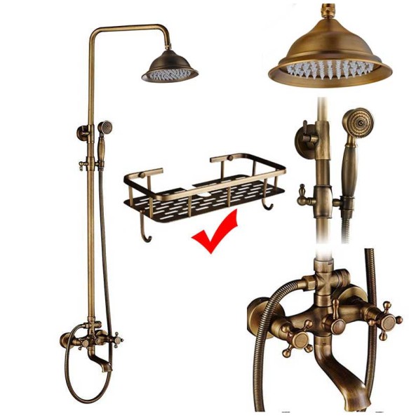 Antique Brass Shower Faucet Mixers Dual Handle Rainfall 8