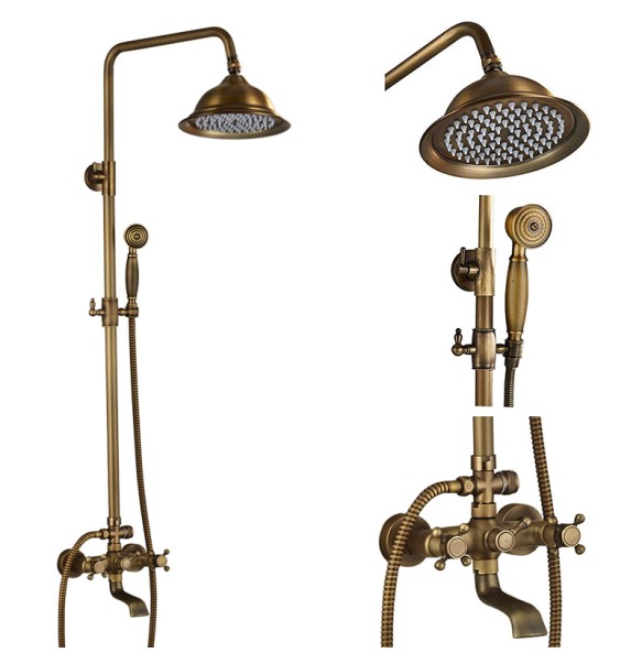 Antique Brass Shower Faucet Mixers Dual Handle Rainfall 8