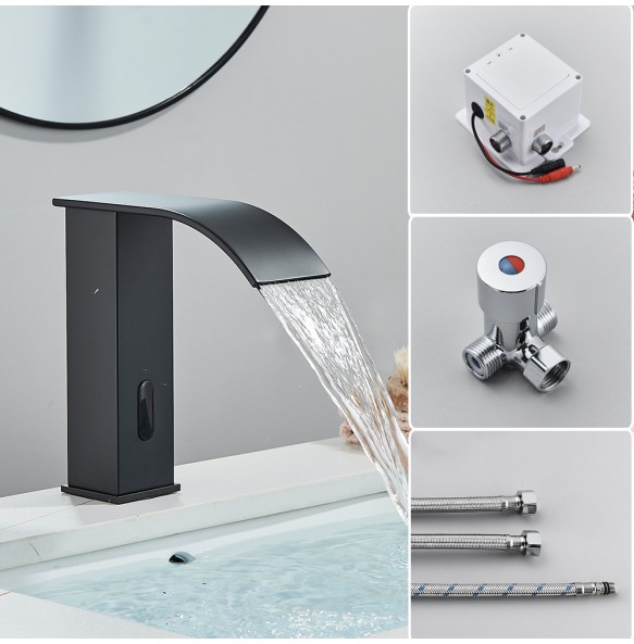 2024 New Black Sensor Basin Faucet Bathroom Automatic Sensor Watefall Faucet Touchless Free Touch Sink Tap Hot Cold Water Mixer Crane