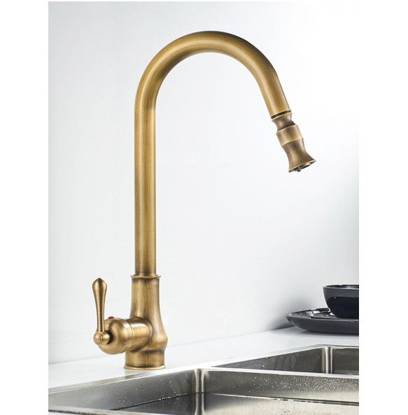 MYQualife Antique Brass Kitchen Sink Faucet Pull Down Swivel Spout Kitchen Deck Mounted Bathroom Hot and Cold Water Mixers