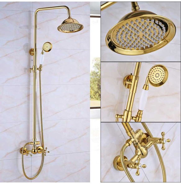 Golden Shower Faucet Dual Handle Shower Faucet Set Wall Mounted Rainfall Shower System Bathroom Bath Shower Mixer  Sliding Bar