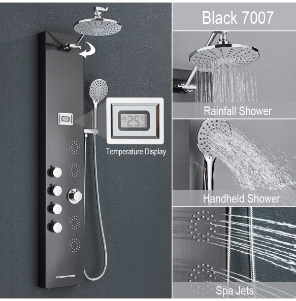 Black Shower Panel With Storage Rack Rainfall Shower Faucet Set SPA Massage Jet Bath Shower Column Double Handle Mixer Tap Tower