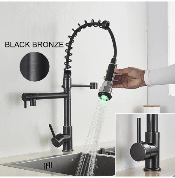 Kitchen Faucet Brushed LED Light Pull-down spring Kitchen Mixer with Hot Cold Water Single Handle Swivel Spout Handheld Head