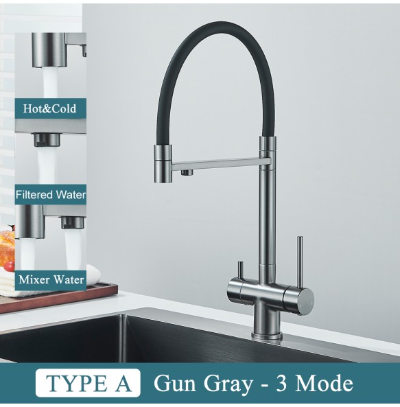 Gun Gray Filtered Kitchen Faucet Pure Water Pull Out Brass Sink Faucet Dual Handle Hot&Cold Drinking Water Purified Mixer Taps