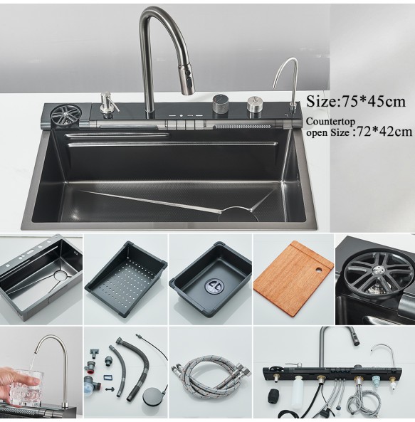 304 Stainless Steel Waterfall Kitchen Sink Large Single Slot Integrated Digital Display Faucet Set Soap Dispenser Cup Washer