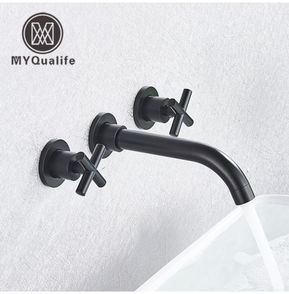 Basin Faucet In-Wall Installation Black / Brushed Gold Bathroom Double Handle Wall-Mounted Bathroom Faucet Rotating Sink Faucet