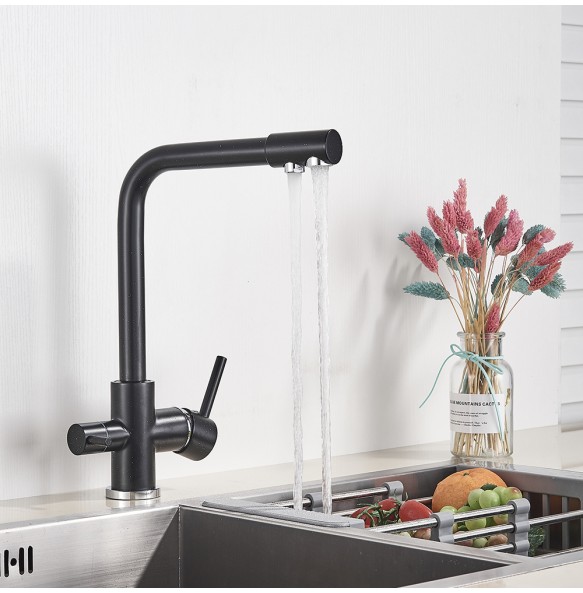 Matte Black Brass Pure Water Kitchen Faucet Dual Handle Hot and Cold Drinking Water 3-way Filter Kitchen Purified Mixer Taps