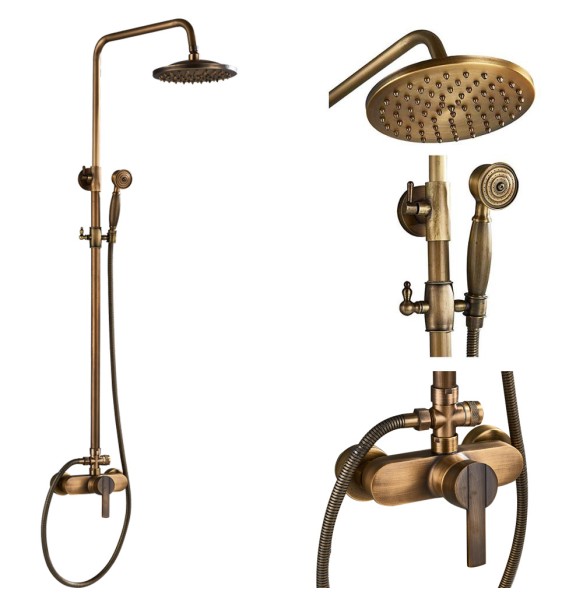 Antique Brass Shower Faucet Mixers Dual Handle Rainfall 8