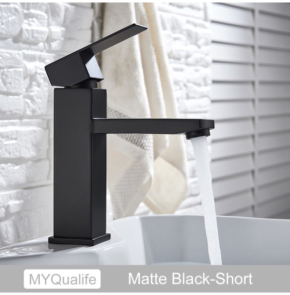 Black Deck Mounted Bathroom Basin Mixer Tap Square Single Handle Basin Vessel Sink Faucet Hot Cold Water Faucet for Basin