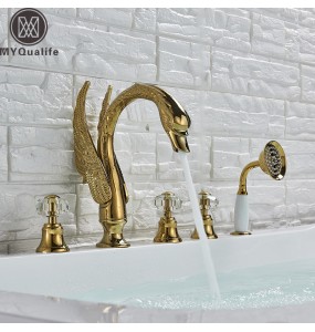 Widespread Swan Bathtub Faucet Golden Tub Mixer Tap Deck Mounted 3 Handle Swan Bath Shower Set with Pull Out Handshower Head