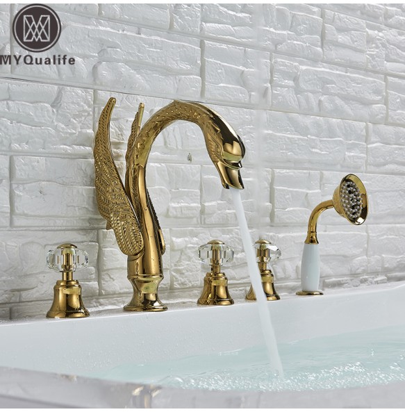 Widespread Swan Bathtub Faucet Golden Tub Mixer Tap Deck Mounted 3 Handle Swan Bath Shower Set with Pull Out Handshower Head