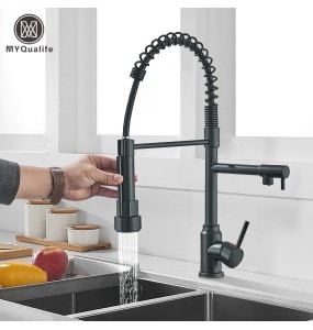 Black Brass Kitchen Sink Faucet Pull Down Hot and Cold Water Mixer2 Mode Tap with Dual Spout 360 Rotation Flexible Deck Mounted