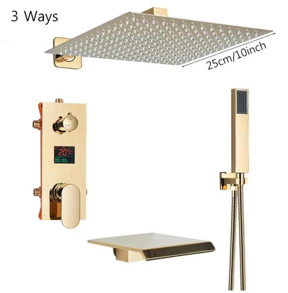 Gold Bathroom Shower Faucet Black Digital All Metal Shower Faucets Set Rainfall Shower Head Digital Display Mixer Tap