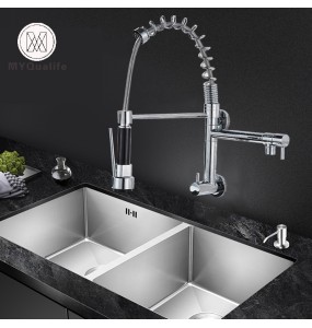 Chrome Black Pull Down Kitchen Faucet Single Cold Water Dual Swive Spout Mixer Wall Mounted Faucet 360 Rotation Bathroom Tap