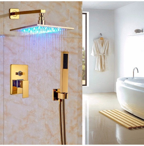 Bathroom LED Light Rainfall Shower Set Handheld Spray Brass Tub Spout Tap Bath Shower Mixer Faucet Wall Mounted Color Changing