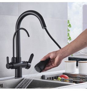 Matte Black Pure Water Kitchen Faucet Dual Handle Hot and Cold Drinking Water Pull Out  Kitchen Mixer Taps