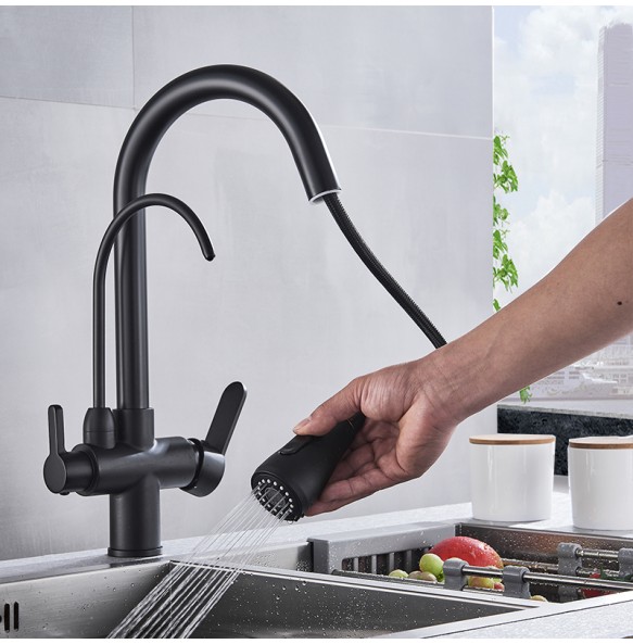 Matte Black Pure Water Kitchen Faucet Dual Handle Hot and Cold Drinking Water Pull Out  Kitchen Mixer Taps