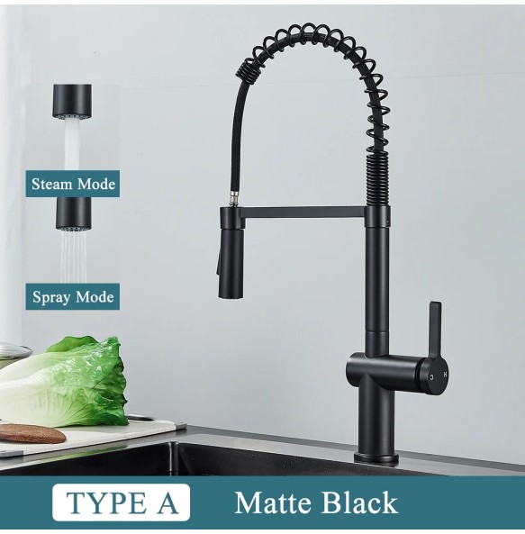 Silver Gray Kitchen Sink Faucet One Handle Spring Hot and Cold Water Tap Deck Mounted Bathroom Matte Black Kitchen Crane