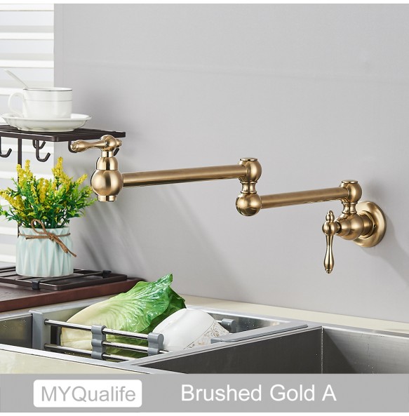 Brushed Gold Brass Pot Filler Faucet Single Cold Water Kitchen Faucet Wall Mounted Sink Tap Rotate Folding Spout Simple Installa