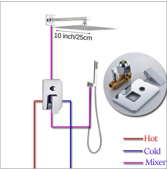 Polished Chrome 16 inch Big Rain Shower Faucet Single Handle Concealed Bath Shower Set with Handshower Brass Spout Wall Mounted