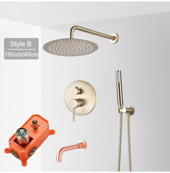 Brushed Gold Shower Faucet Set Round Brass Bathroom Wall Mount Rotate Tub Spout  Rainfall Head 3 Ways Mixer Tap