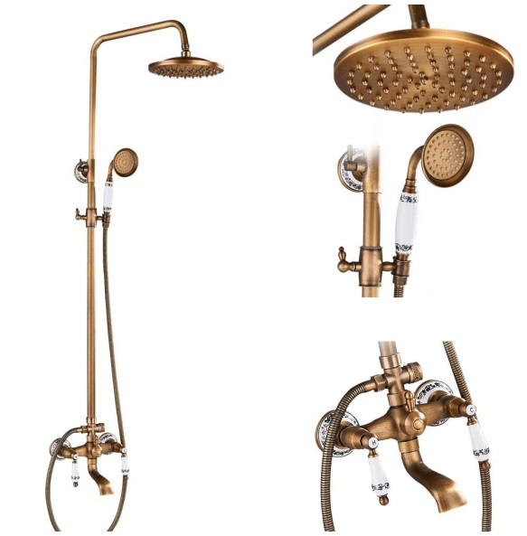 Antique Brass Shower Faucet Mixers Dual Handle Rainfall 8