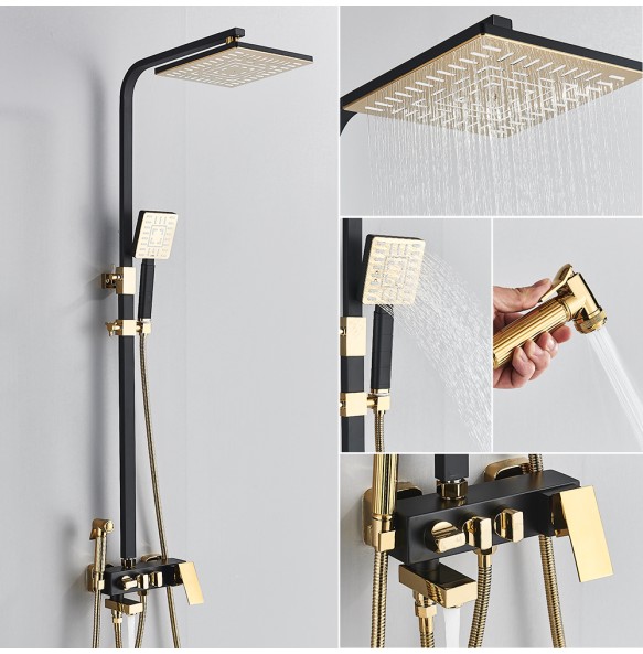 Gold Shower Set Faucet Rainfall Bathtub Tap With Bidet 4 Function Shower Wall Mounted Hot Cold Shower Column Square 8