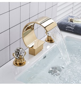 2024 New Luxurious Gold Bathroom Basin Faucet Brass Deck Mounted Double handle Cold and Hot Waterfall Basin faucet