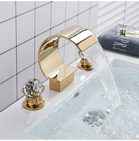 2024 New Luxurious Gold Bathroom Basin Faucet Brass Deck Mounted Double handle Cold and Hot Waterfall Basin faucet