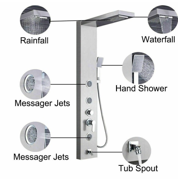 Stainless Steel Black Bath Shower Column Wall Mounted Rain Waterfall Shower Panel Mixers Rotate Body Massage Jets Shower System