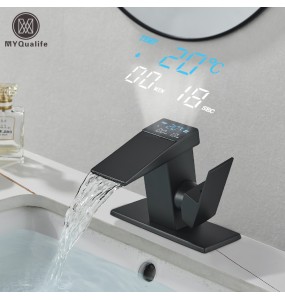 Black Temperature Display Bathroom Faucet Waterfall Brass Basin Taps Water Flow Power Hot Cold Mixer With Cover Plate