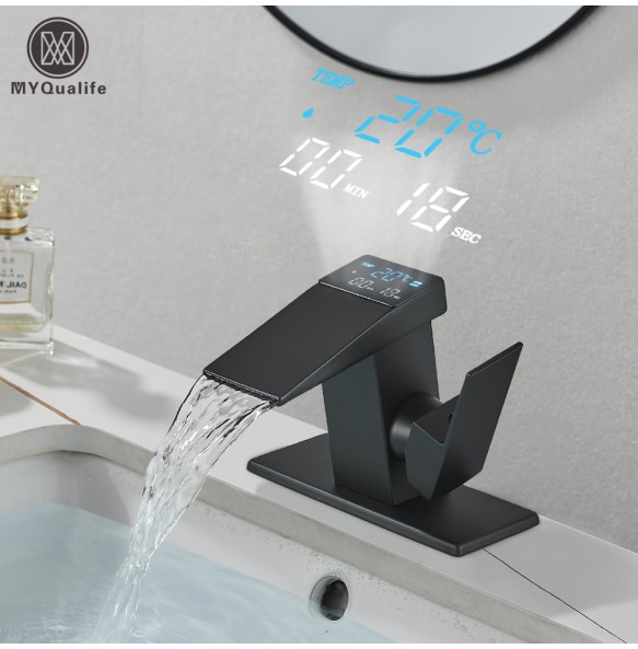 Black Temperature Display Bathroom Faucet Waterfall Brass Basin Taps Water Flow Power Hot Cold Mixer With Cover Plate